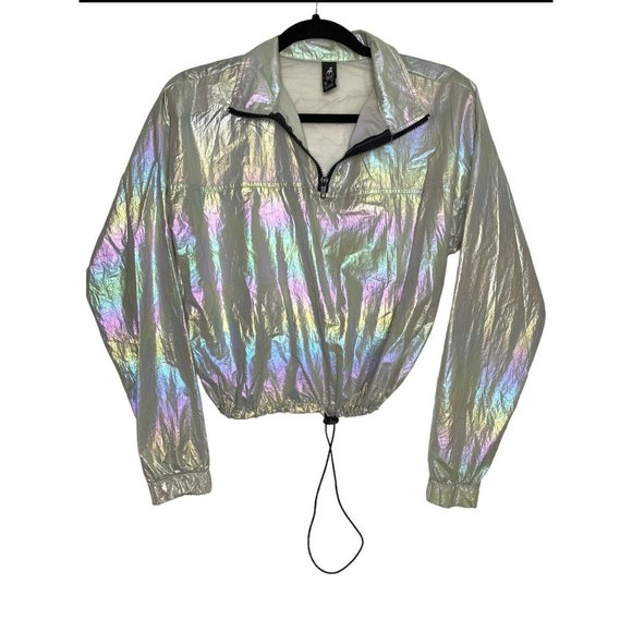 Metallic Holographic Jacket Women's White Small 1/4 Zip Crop Adjustable Waist‎ - Picture 1 of 6